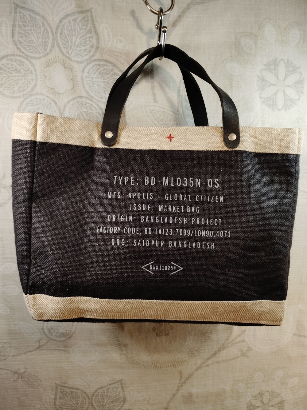 Apolis Black & Natural Canvas Market Tote  MH Initials
